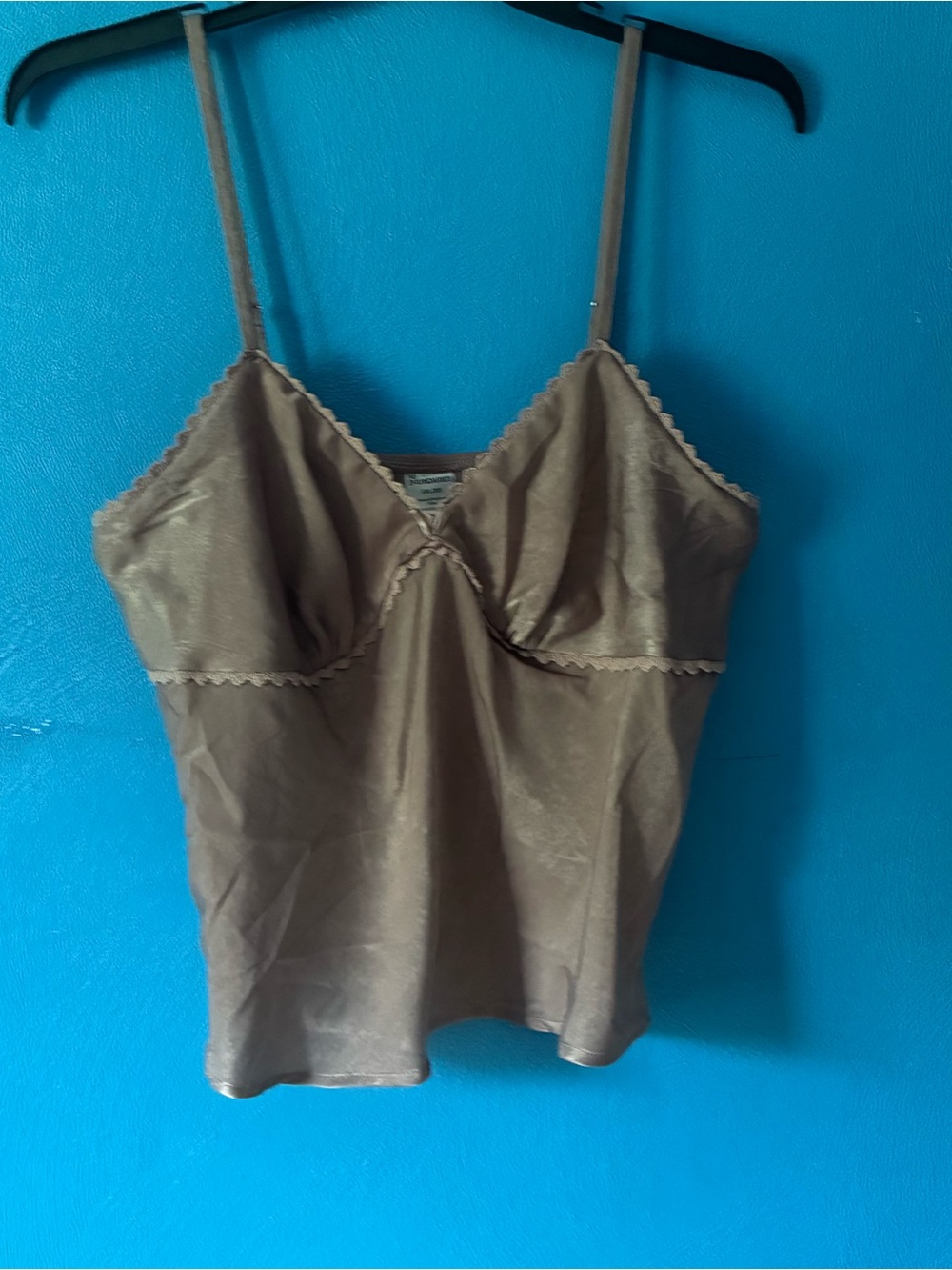 No Boundaries Brown Satin Cropped Camisole Top with Lace Trim